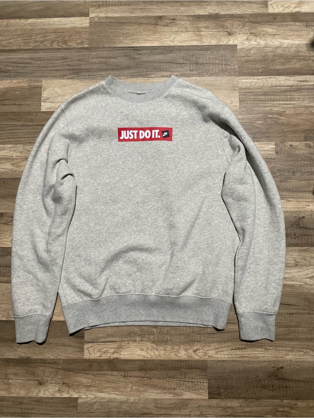 Nike Gray Crewneck Sweatshirt with Red "Just Do It." Logo